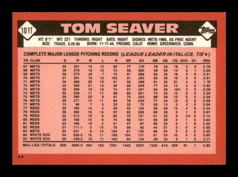 Load image into Gallery viewer, 1986 Topps Traded Tom Seaver #101T Boston Red Sox Image 2
