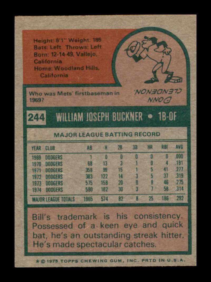 Load image into Gallery viewer, 1975 Topps Bill Buckner #244 Set Break Los Angeles Dodgers Image 2
