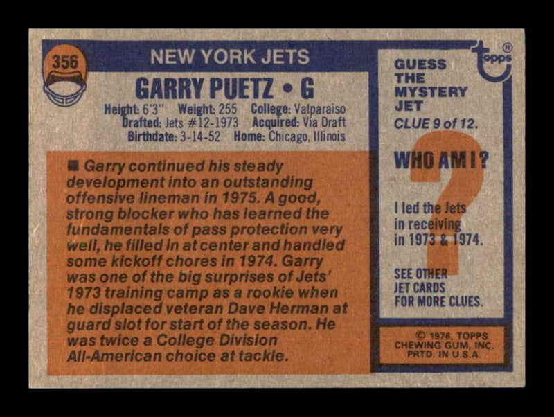 Load image into Gallery viewer, 1976 Topps Garry Puetz #356 Set Break New York Jets Image 2
