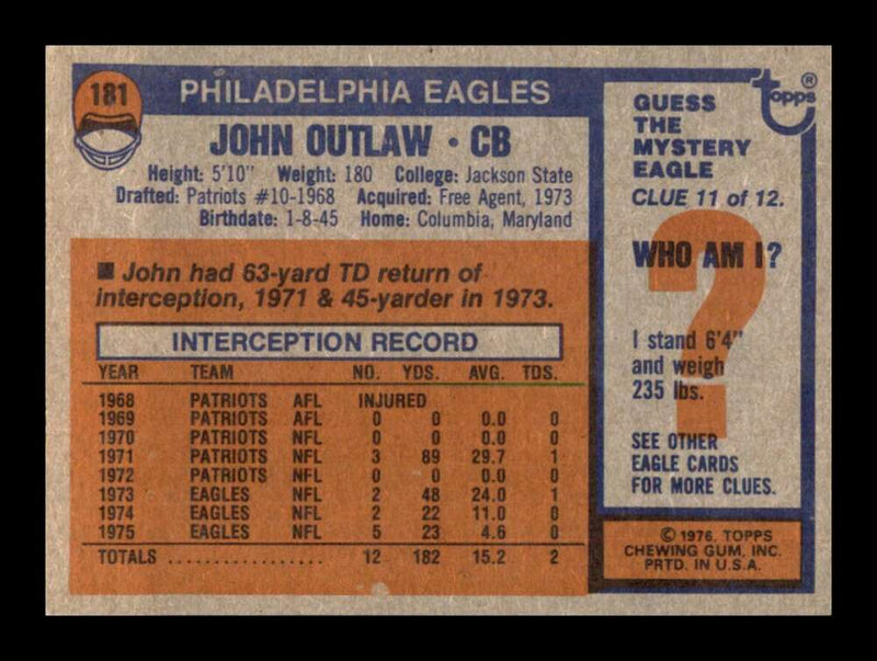 Load image into Gallery viewer, 1976 Topps John Outlaw #181 Set Break Philadelphia Eagles Image 2
