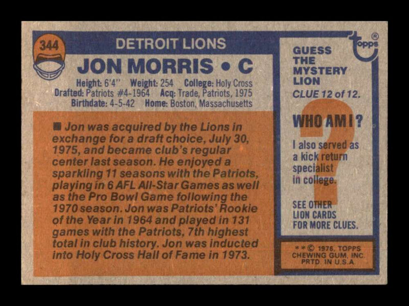 Load image into Gallery viewer, 1976 Topps Jon Morris #344 Set Break Detroit Lions Image 2
