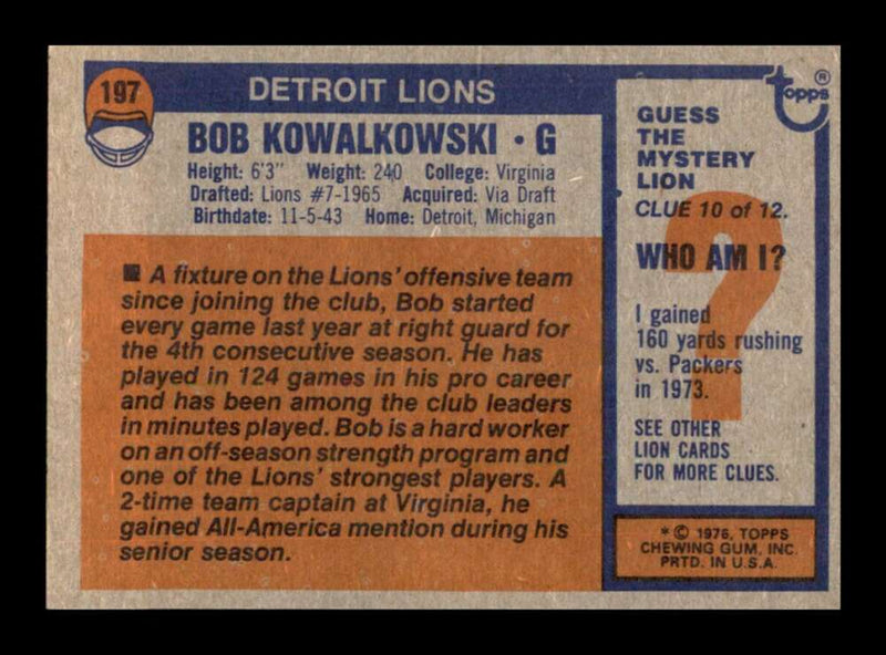 Load image into Gallery viewer, 1976 Topps Bob Kowalkowski #197 Set Break Detroit Lions Image 2
