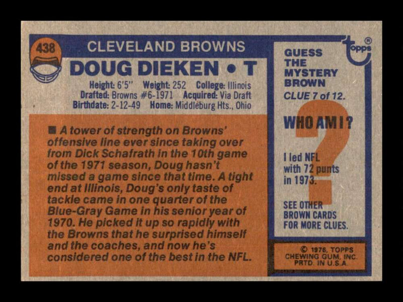 Load image into Gallery viewer, 1976 Topps Doug Dieken #438 Set Break Cleveland Browns Image 2
