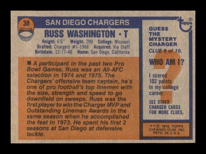 Load image into Gallery viewer, 1976 Topps Russ Washington #38 Set Break San Diego Chargers Image 2
