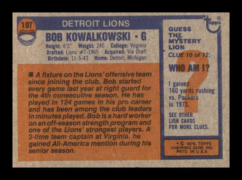 Load image into Gallery viewer, 1976 Topps Bob Kowalkowski #197 Set Break Detroit Lions Image 2
