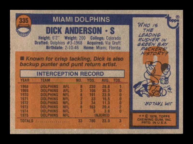 Load image into Gallery viewer, 1976 Topps Dick Anderson #335 Set Break Miami Dolphins Image 2
