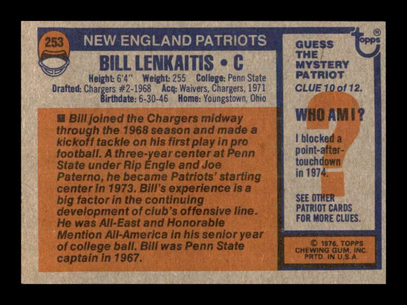 Load image into Gallery viewer, 1976 Topps Bill Lenkaitis #253 Set Break New England Patriots Image 2
