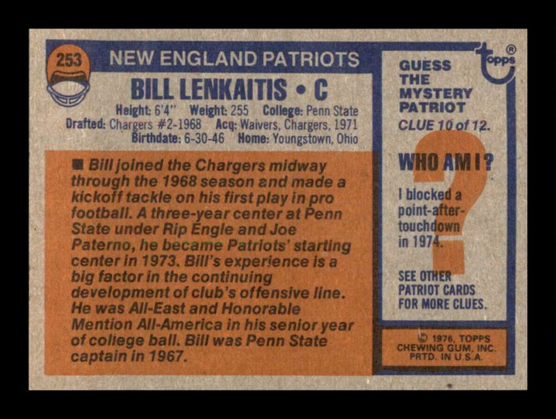 Load image into Gallery viewer, 1976 Topps Bill Lenkaitis #253 Set Break New England Patriots Image 2
