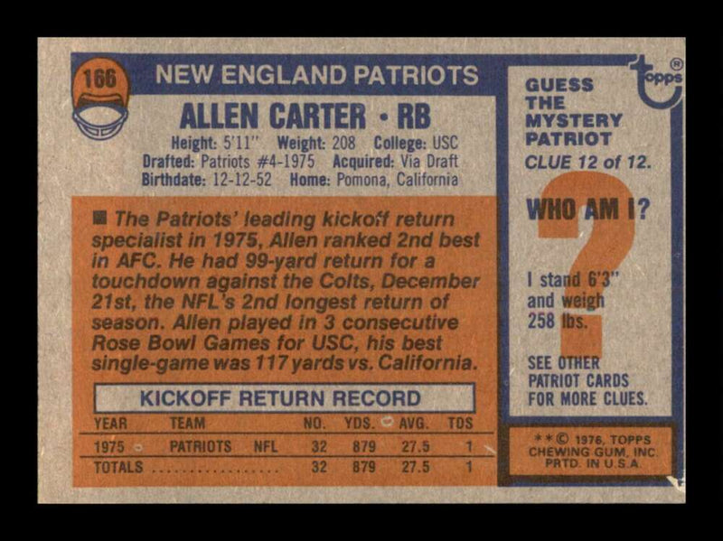 Load image into Gallery viewer, 1976 Topps Allen Carter #166 Rookie RC Set Break New England Patriots Image 2
