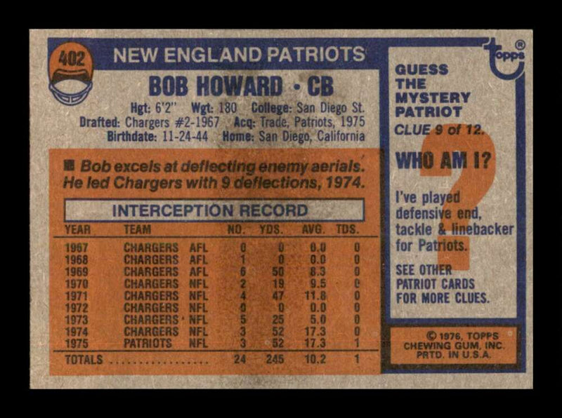 Load image into Gallery viewer, 1976 Topps Bob Howard #402 Set Break New England Patriots Image 2
