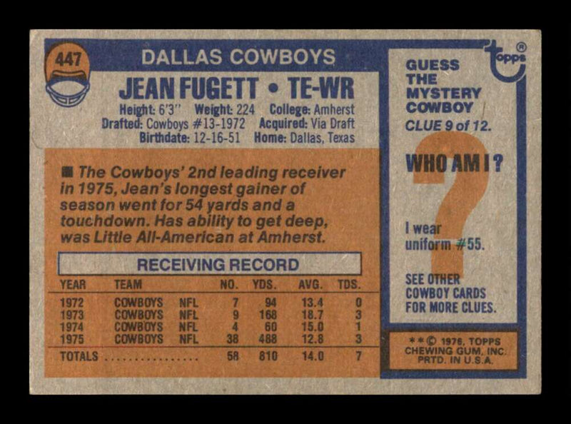 Load image into Gallery viewer, 1976 Topps Jean Fugett #447 Rookie RC Set Break Dallas Cowboys Image 2
