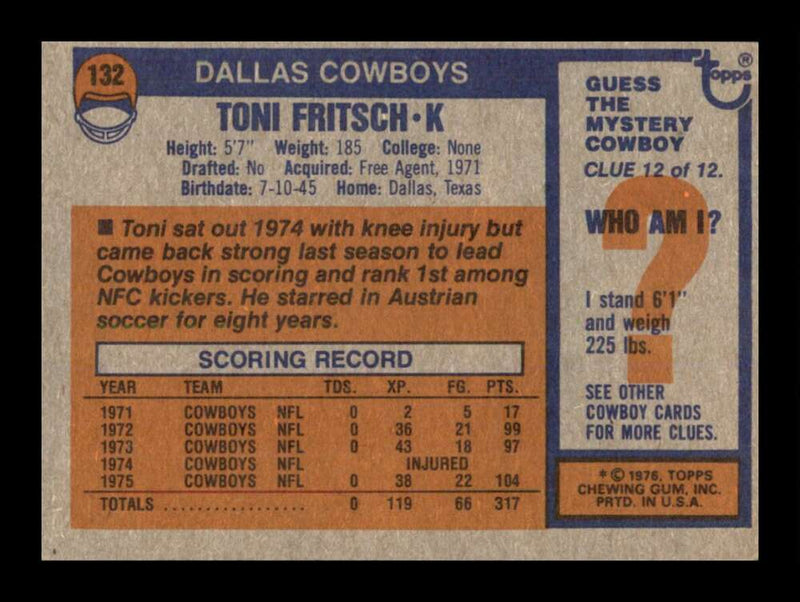 Load image into Gallery viewer, 1976 Topps Toni Fritsch #132 Set Break Dallas Cowboys Image 2
