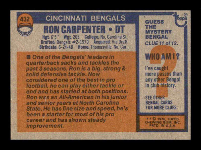 Load image into Gallery viewer, 1976 Topps Ron Carpenter #432 Set Break Cincinnati Bengals Image 2
