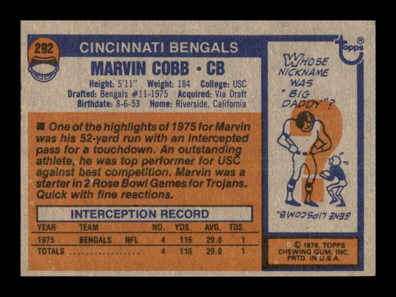 Load image into Gallery viewer, 1976 Topps Marvin Cobb #292 Rookie RC Set Break Cincinnati Bengals Image 2
