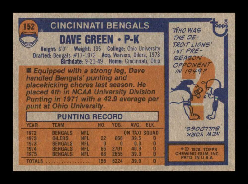 Load image into Gallery viewer, 1976 Topps Dave Green #152 Set Break Cincinnati Bengals Image 2
