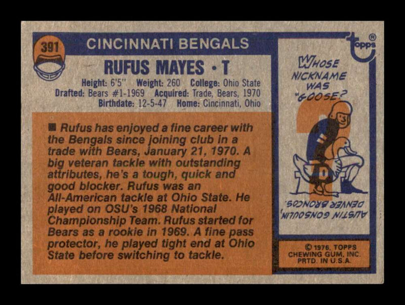 Load image into Gallery viewer, 1976 Topps Rufus Mayes #391 Set Break Cincinnati Bengals Image 2
