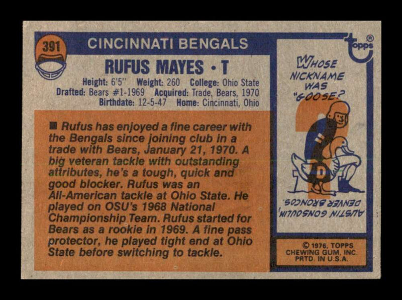 Load image into Gallery viewer, 1976 Topps Rufus Mayes #391 Set Break Cincinnati Bengals Image 2
