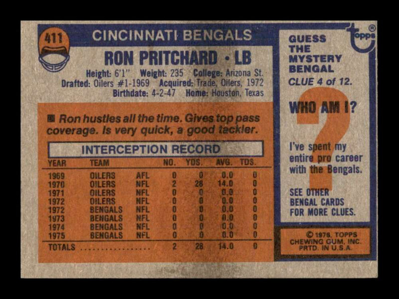 Load image into Gallery viewer, 1976 Topps Ron Pritchard #411 Set Break Cincinnati Bengals Image 2
