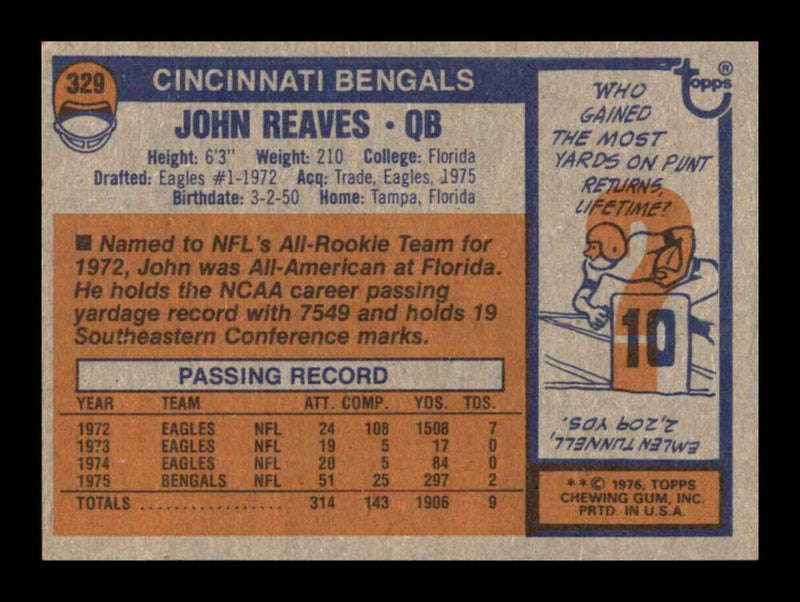 Load image into Gallery viewer, 1976 Topps John Reaves #329 Set Break Cincinnati Bengals Image 2
