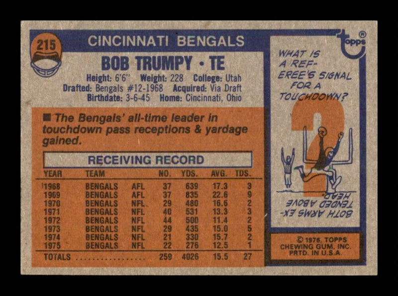 Load image into Gallery viewer, 1976 Topps Bob Trumpy #215 Set Break Cincinnati Bengals Image 2
