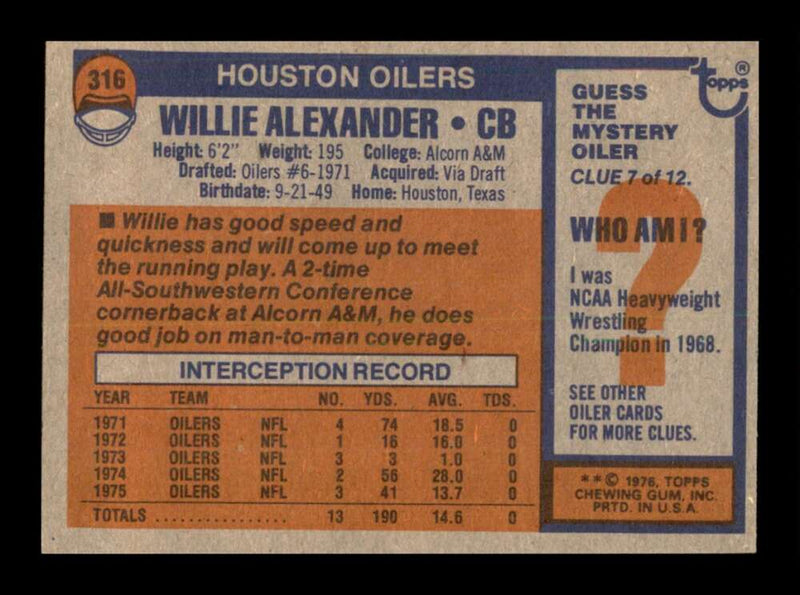 Load image into Gallery viewer, 1976 Topps Willie Alexander #316 Set Break Houston Oilers Image 2
