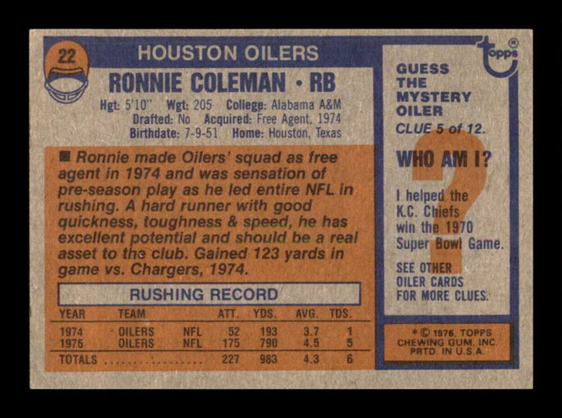 Load image into Gallery viewer, 1976 Topps Ronnie Coleman #22 Rookie RC Set Break Houston Oilers Image 2
