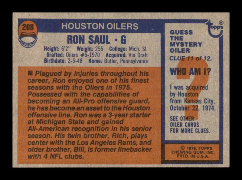 Load image into Gallery viewer, 1976 Topps Ron Saul #208 Set Break Houston Oilers Image 2
