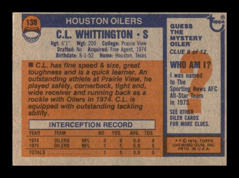 Load image into Gallery viewer, 1976 Topps C.L. Whittington #138 Rookie RC Set Break Houston Oilers Image 2
