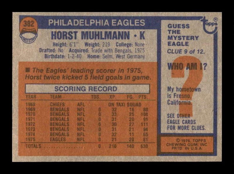 Load image into Gallery viewer, 1976 Topps Horst Muhlmann #382 Set Break Philadelphia Eagles Image 2
