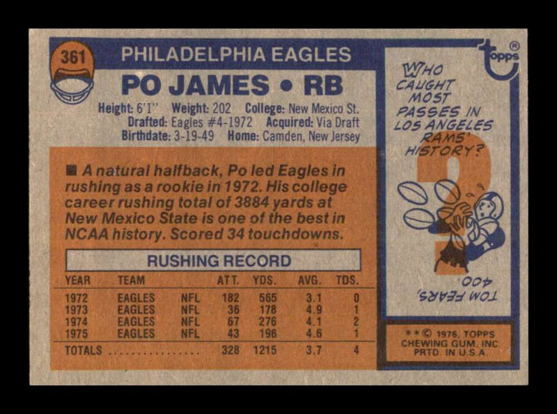 Load image into Gallery viewer, 1976 Topps Po James #361 Set Break Philadelphia Eagles Image 2
