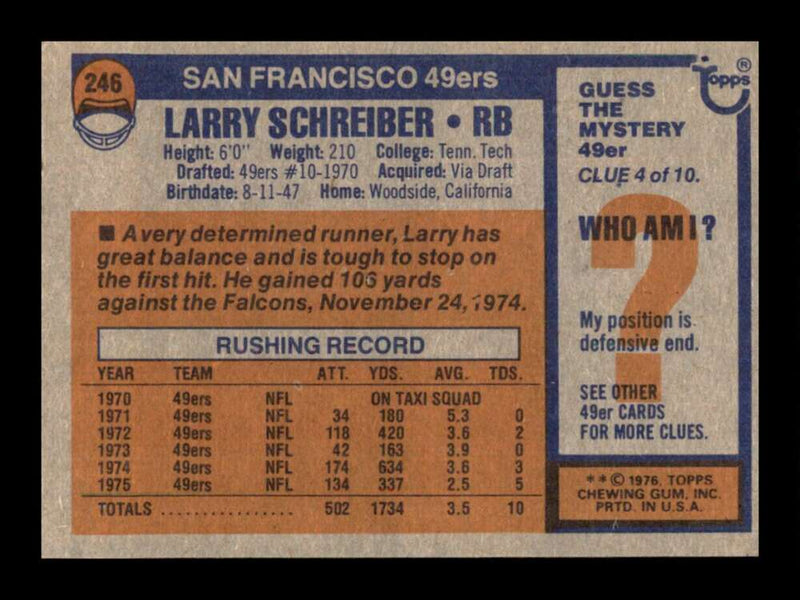 Load image into Gallery viewer, 1976 Topps Larry Schreiber #246 Set Break San Francisco 49ers Image 2
