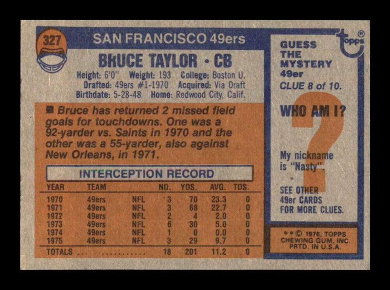 Load image into Gallery viewer, 1976 Topps Bruce Taylor #327 Set Break San Francisco 49ers Image 2
