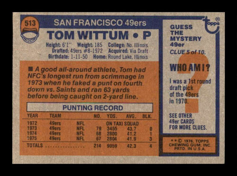 Load image into Gallery viewer, 1976 Topps Tom Wittum #513 Set Break San Francisco 49ers Image 2
