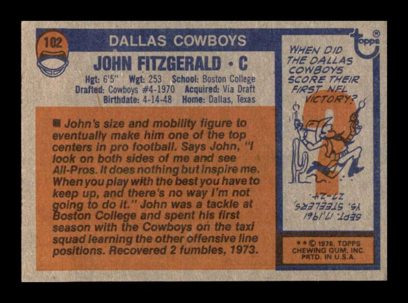 Load image into Gallery viewer, 1976 Topps John Fitzgerald #102 Set Break Dallas Cowboys Image 2
