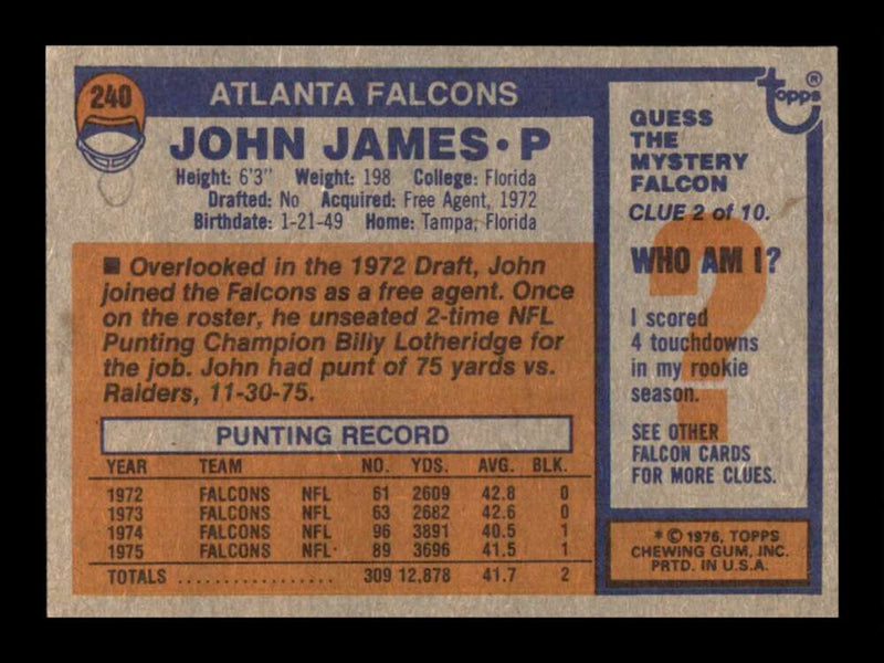 Load image into Gallery viewer, 1976 Topps John James #240 Set Break Atlanta Falcons Image 2
