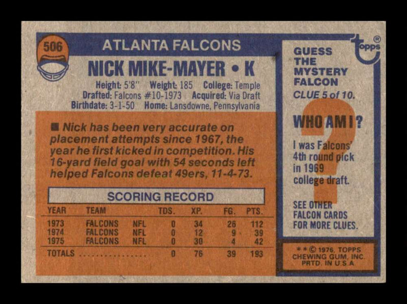 Load image into Gallery viewer, 1976 Topps Nick Mike-Mayer #506 Set Break Atlanta Falcons Image 2
