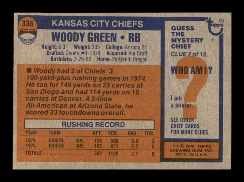 Load image into Gallery viewer, 1976 Topps Woody Green #336 Rookie RC Set Break Kansas City Chiefs Image 2
