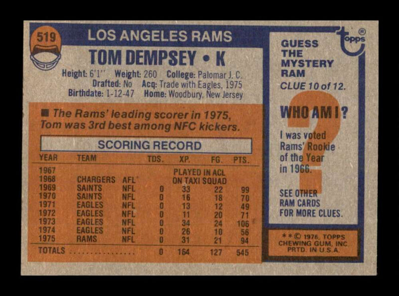 Load image into Gallery viewer, 1976 Topps Tom Dempsey #519 Set Break Los Angeles Rams Image 2
