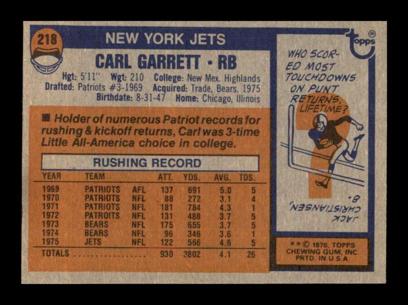 Load image into Gallery viewer, 1976 Topps Carl Garrett #218 Set Break New York Jets Image 2
