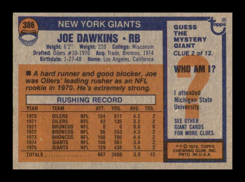 Load image into Gallery viewer, 1976 Topps Joe Dawkins #386 Set Break New York Giants Image 2
