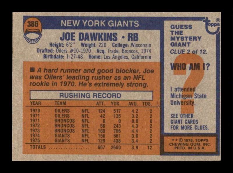 Load image into Gallery viewer, 1976 Topps Joe Dawkins #386 Set Break New York Giants Image 2
