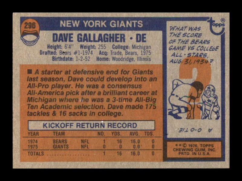 Load image into Gallery viewer, 1976 Topps Dave Gallagher #296 Set Break New York Giants Image 2
