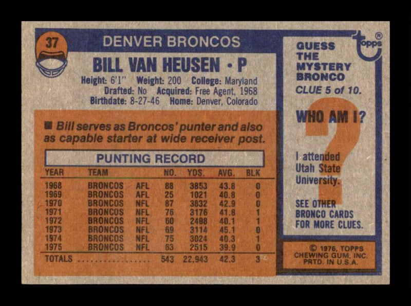 Load image into Gallery viewer, 1976 Topps Bill Van Heusen #37 Set Break Denver Broncos Image 2
