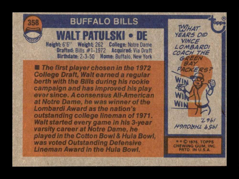 Load image into Gallery viewer, 1976 Topps Walt Patulski #358 Set Break Buffalo Bills Image 2
