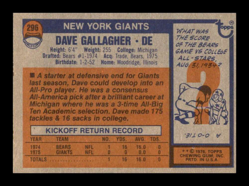 Load image into Gallery viewer, 1976 Topps Dave Gallagher #296 Set Break New York Giants Image 2
