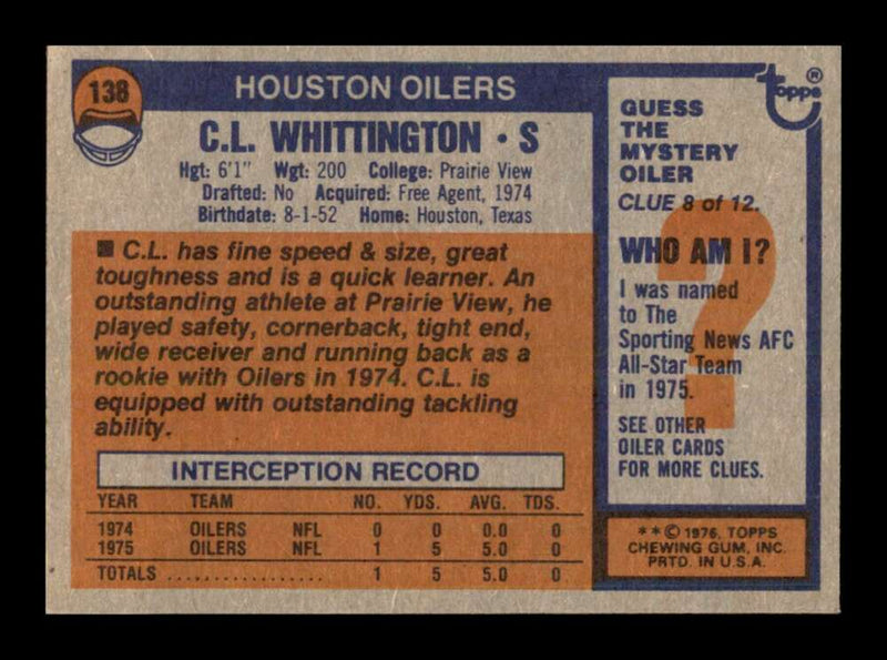 Load image into Gallery viewer, 1976 Topps C.L Whittington #138 Set Break Houston Oilers Image 2
