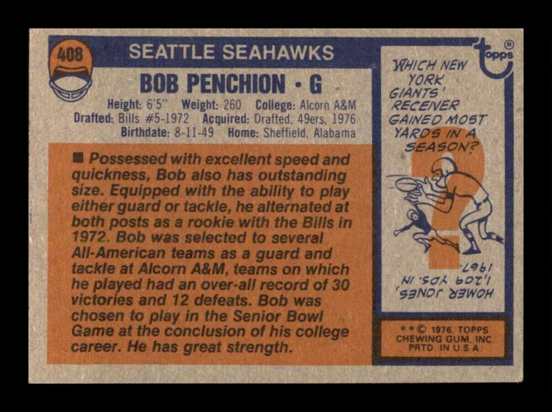 Load image into Gallery viewer, 1976 Topps Bob Penchion #408 Set Break Seattle Seahawks Image 2
