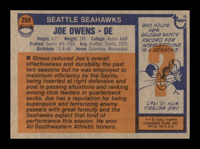 Load image into Gallery viewer, 1976 Topps Joe Owens #259 Set Break Seattle Seahawks Image 2
