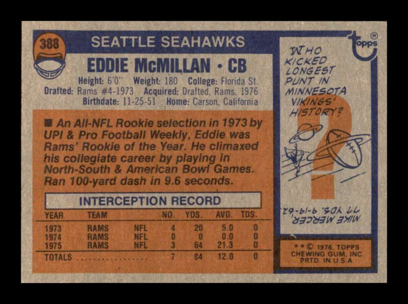 Load image into Gallery viewer, 1976 Topps Eddie McMillan #388 Rookie RC Set Break Seattle Seahawks Image 2
