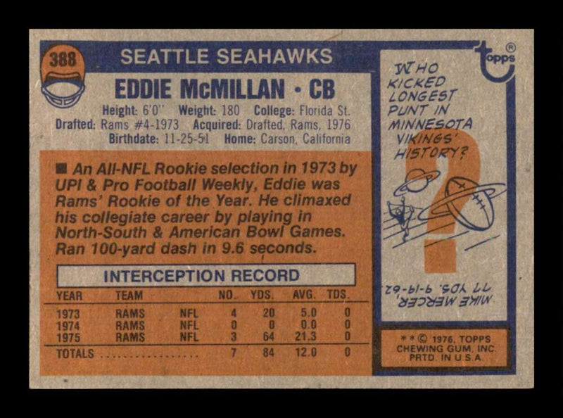 Load image into Gallery viewer, 1976 Topps Eddie McMillan #388 Rookie RC Set Break Seattle Seahawks Image 2
